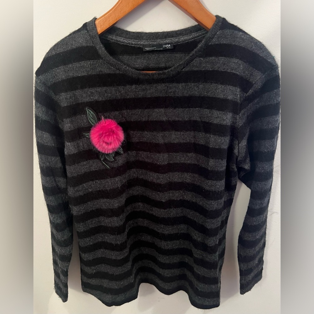 Zara Black & Gray Striped Knit Sweater with Pink Flower Brooch - Size M